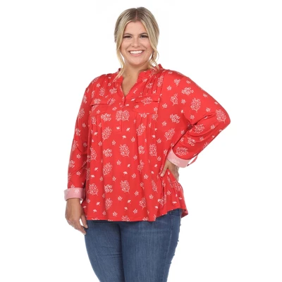 Plus Size Pleated Long Sleeve Leaf Print Blouse - Image 7