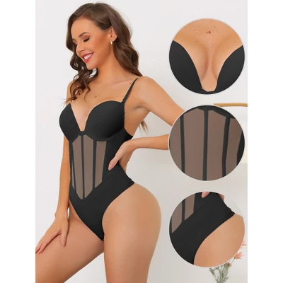 Allegra K Women's Mesh Panel Tummy Control Sculpting Leotard With Adjustable Straps - Image 2