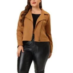 Agnes Orinda Women's Plus Size Winter Suede Cropped Moto Biker Zip Up Faux Suede Jackets