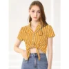 Allegra K Women's Retro Striped Button Up Short Sleeve Tie Front Crop Shirt