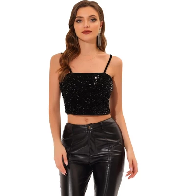 Allegra K Women's Velvet Spaghetti Strap Club Party Crop Sequined Cami Top - Image 8
