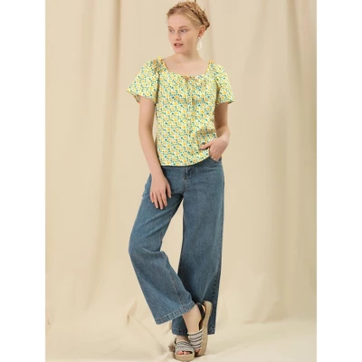 Allegra K Women's Summer Floral Tie Neck Ruffle Peasant Blouse Top - Image 3