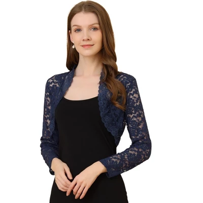 Allegra K Women's Crop Scalloped Hem Floral Lace Sheer Long Sleeve Shrugs - Image 11