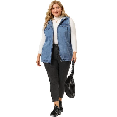 Agnes Orinda Women's Plus Size Hoodie Zipper Up Pocket Denim Sleeveless Jacket Vest - Image 2