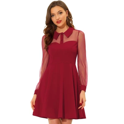 Allegra K Women's Sheer Mesh Panel Long Sleeve Fit And Flare Mini A-Line Dresses - Image 6