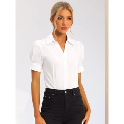 Allegra K Women's Office Button Down One-Piece Short Sleeve Bodysuit Work Shirt