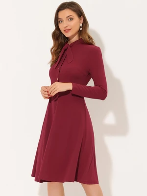 Allegra K Women's Work Sheath Tie Neck Knit Long Sleeve Midi Dress - Image 4