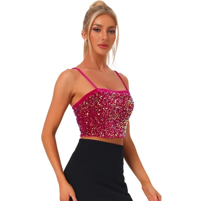 Allegra K Women's Velvet Spaghetti Strap Club Party Crop Sequined Cami Top - Image 18