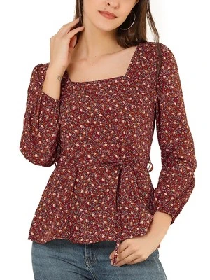 Allegra K Women's Floral Print Belted Waist Square Neck Vintage Peplum Blouse - Image 7