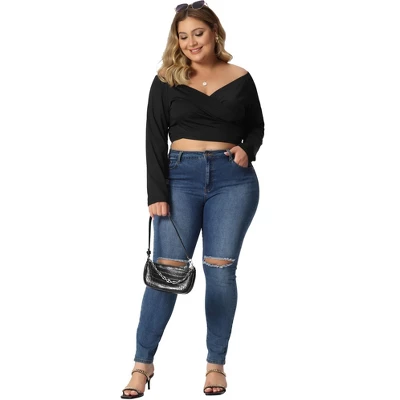 Agnes Orinda Women's Plus Size Off Shoulder Crop Cross Wrap Fashion Blouse - Image 2