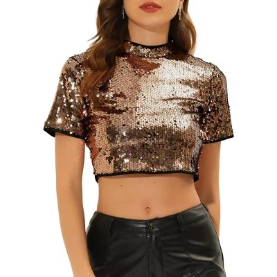 Allegra K Women's Halloween Sequin Crop Sparkle Glitter Short Sleeve Shinning T Shirt - Image 7