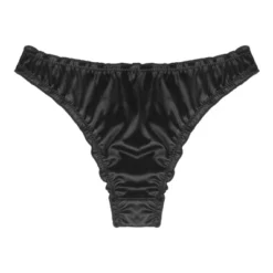 Agnes Orinda Women Plus Mid-Rise Frill Trim Elastic Waist Satin Bikini Black Thong Large