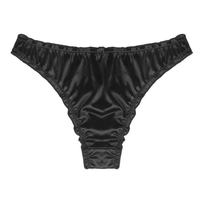 Agnes Orinda Women Plus Mid-Rise Frill Trim Elastic Waist Satin Bikini Black Thong Large