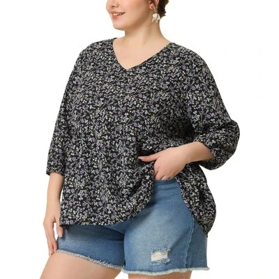 Agnes Orinda Women's Plus Size Babydoll 3/4 Sleeve Floral Flowy Blouse - Image 10