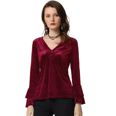 Allegra K Women's V Neck Velvet Blouse Flare Long Sleeve Peplum Top - Image 6