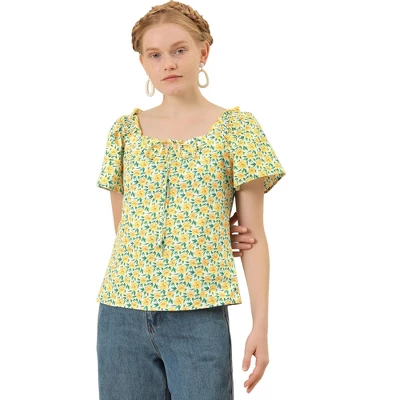 Allegra K Women's Summer Floral Tie Neck Ruffle Peasant Blouse Top - Image 6