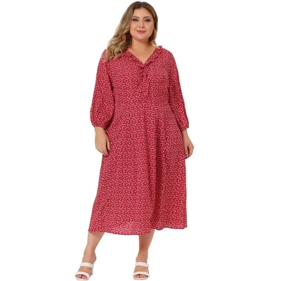Agnes Orinda Women's Plus Size Casual Long Sleeve Sweetheart Print Midi Ruffle Dress - Image 2