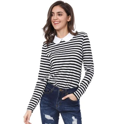 Allegra K Women's Christmas Contrast Collar Long Sleeves Peter Pan Collar Striped Blouse Top - Image 2