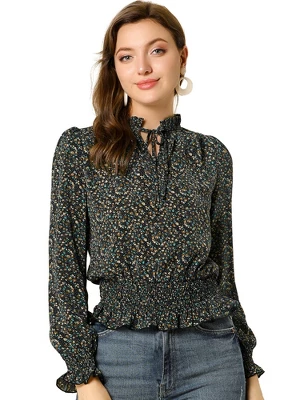 Allegra K Women's Smocked Waist Peplum Tops Ruffle Tie Neck Long Sleeve Ditsy Floral Blouses - Image 6