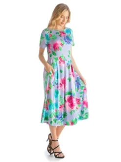 Womens Fit And Flare Short Sleeves Lilac Floral Midi Dress