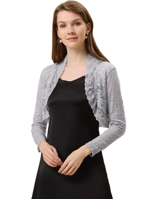 Allegra K Women's Crop Scalloped Hem Floral Lace Sheer Long Sleeve Shrugs - Image 20