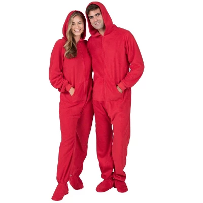 Footed Pajamas - Bright Red Adult Hoodie Fleece Onesie - Image 4