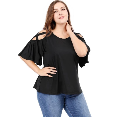 Agnes Orinda Women's Plus Size Summer Fashion Cold Shoulder Ruffle Trumpet Sleeve Blouses - Image 6