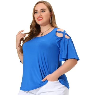 Agnes Orinda Women's Plus Size Summer Fashion Cold Shoulder Ruffle Trumpet Sleeve Blouses - Image 9