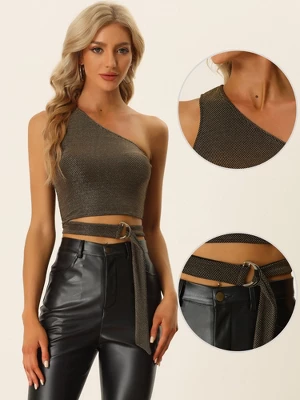 Allegra K One Shoulder Glitter Top For Women's Tie Knot Side Polka Dots Crop Tank Tops