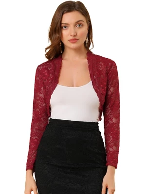 Allegra K Women's Crop Scalloped Hem Floral Lace Sheer Long Sleeve Shrugs - Image 8