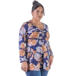 24seven Comfort Apparel Blue Floral Long Sleeve V Neck Plus Size Tunic Top