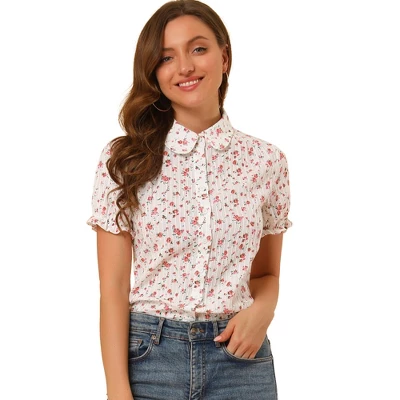 Allegra K Women's Frilled Top Peter Pan Collar Blossoms Floral Print Blouse Shirt - Image 7