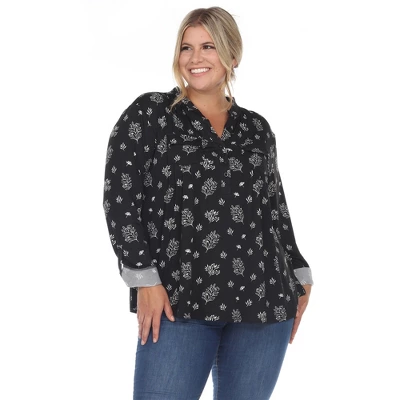 Plus Size Pleated Long Sleeve Leaf Print Blouse - Image 5