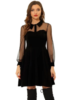 Allegra K Women's Sheer Mesh Panel Long Sleeve Fit And Flare Mini A-Line Dresses - Image 5