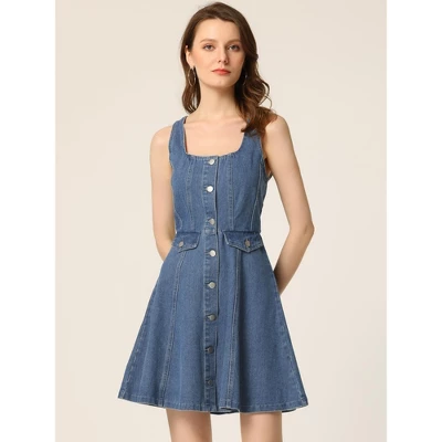 Allegra K Women's Sleeveless Square Neck Button Down Flared Casual Mini Denim Dress