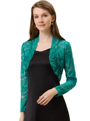 Allegra K Women's Crop Scalloped Hem Floral Lace Sheer Long Sleeve Shrugs - Image 16