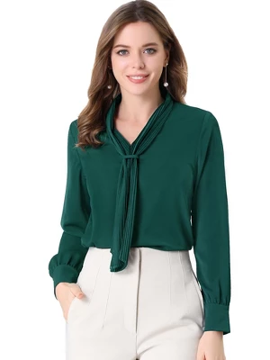 Allegra K Women's Long Sleeve Pleated Tie Neck Office Blouses - Image 10