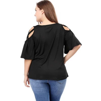 Agnes Orinda Women's Plus Size Summer Fashion Cold Shoulder Ruffle Trumpet Sleeve Blouses - Image 5