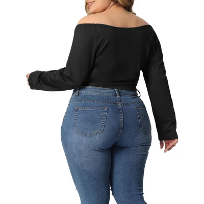 Agnes Orinda Women's Plus Size Off Shoulder Crop Cross Wrap Fashion Blouse - Image 3
