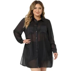 Agnes Orinda Women's Plus Size Long Sleeve Button Down Black Sheer Shirts Jacket