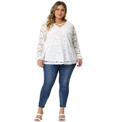 Agnes Orinda Women's Plus Size Lace Sheer Long Sleeve Layer Cross Elastic Cuff V Neck Blouse - Image 2
