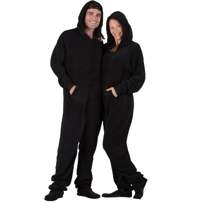 Footed Pajamas - Jet Black Adult Hoodie Chenille Onesie - Image 3