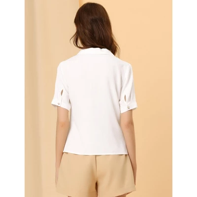 Allegra K Women's Summer Lapel V Neck Short Sleeve Work Button Down Shirts - Image 2