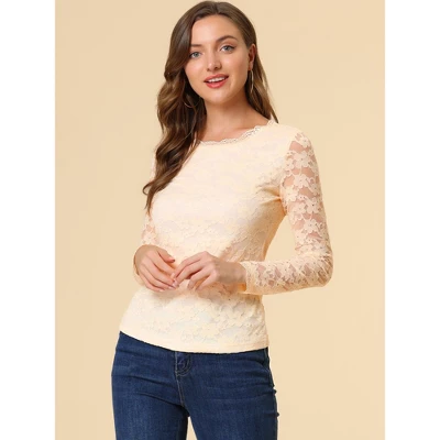 Allegra K Women's Sheer Long Sleeves Flower Embroidery Lace Top - Image 2