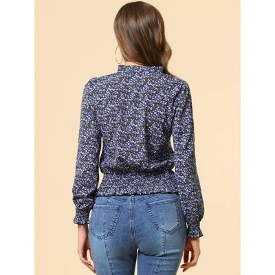 Allegra K Women's Smocked Waist Peplum Tops Ruffle Tie Neck Long Sleeve Ditsy Floral Blouses - Image 4
