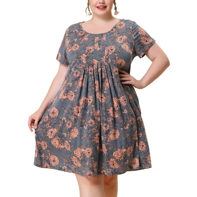 Agnes Orinda Women's Plus Size Floral Inverted Box Pleat Boho Dresses - Image 9