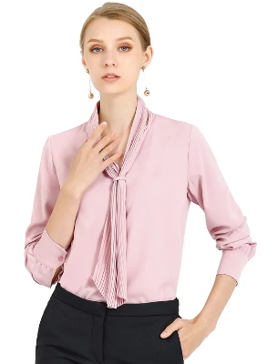 Allegra K Women's Long Sleeve Pleated Tie Neck Office Blouses - Image 15