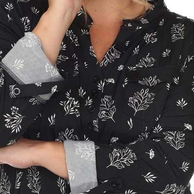 Plus Size Pleated Long Sleeve Leaf Print Blouse - Image 4