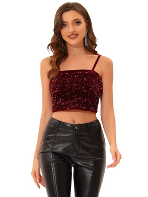 Allegra K Women's Velvet Spaghetti Strap Club Party Crop Sequined Cami Top - Image 6