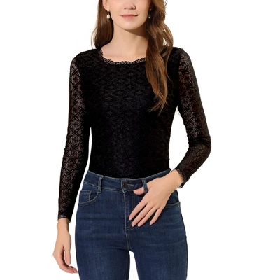 Allegra K Women's Sheer Long Sleeves Flower Embroidery Lace Top - Image 8